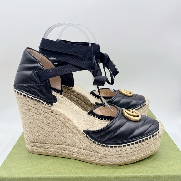 Gucci GG Marmont Platform MATELASSÉ Wedge Heels Espadrille Black Leather EU 40.5 - Picture 6 of 14